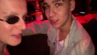 2 guys cum in mouth and ass of fagot in gay club