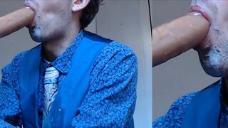 EDGEWORTH JOHNSTONE Suit Blowjob 4 - Dildo Fake Cum in Mouth - Likes sucking a big gay cock closeup - 1 image