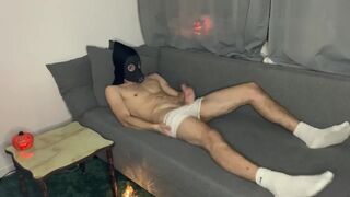 Inexperienced twink jerking off in a halloween mask and cum - 14 image