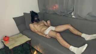 Inexperienced twink jerking off in a halloween mask and cum - 15 image