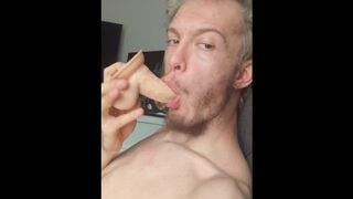 Skinny teen deepthroats and Gags on his 7 inch dildo - 1 image