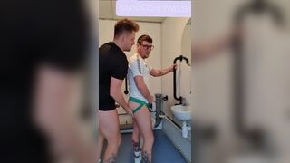 Fucking Step Brother in Public Toilet Bareback Fucking and got Caught - 2 image