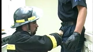 Fireman fucks gay police officers ass then cums on his abs - 1 image