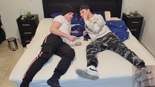 Gay couple smoking, kissing, wanking their big dicks, blowing and cumming on the ashtray - 3 image