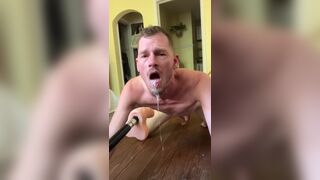Faggot gags and spits on deep throat fuck machine dildo - 15 image