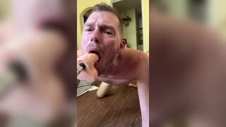 Faggot gags and spits on deep throat fuck machine dildo - 6 image