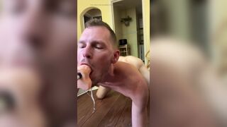 Faggot gags and spits on deep throat fuck machine dildo - 9 image