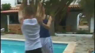 Two Horny Twinks Blow Their Big Dicks and Lick Shaved Asses Outdoor on the Sunbed