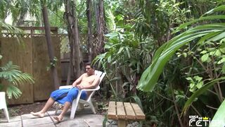 Tattooed dude deepthroats outdoor like a champ