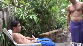 Tattooed dude deepthroats outdoor like a champ