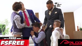 Derek Kage, Drew Valentino, Grant Ducati, and Seth Peterson have a wild orgy with wrecked holes and cum-hungry hunk