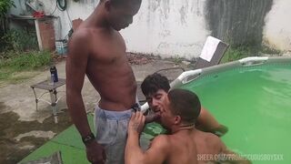 Curvy pornstar John Black joins in for a wild poolside threesome with his buddy & a pretty boy