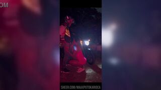 Watch Ninfa Arlequina get a raw ride on a motorcycle courier & take a cum load in her mouth and pussy - 8 image