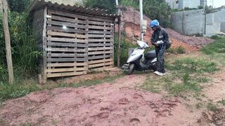 Hot Brazilian babe Junior Delao receives a motorbike delivery & a hot blowjob as a tip and payment - 1 image