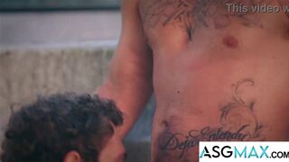 Watch Jayden Marcos & Andrew Delta take turns fucking while on the run in Bareback Action - ASGMax! - 7 image