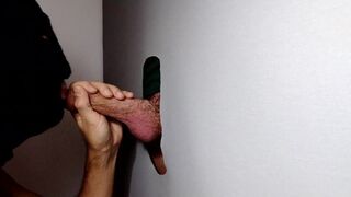 guy goes to gloryhole after having a beer with a friend. - 1 image